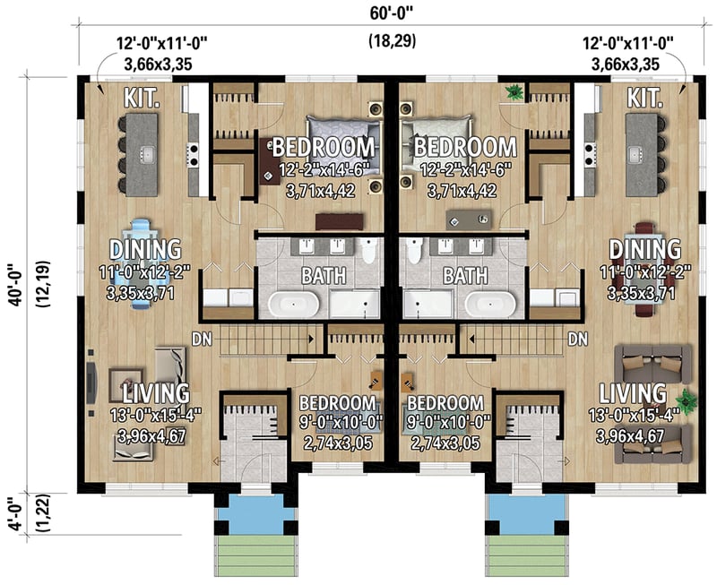 Plan 801139PM: Duplex House Plan with Matching 2364 Square Foot Units with Finished Lower Levels - Floor Plan - Main Level - Contemporary, Modern, New American