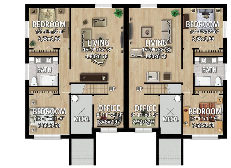Plan 801139PM: Duplex House Plan with Matching 2364 Square Foot Units with Finished Lower Levels - Floor Plan - Lower Level - Contemporary, Modern, New American