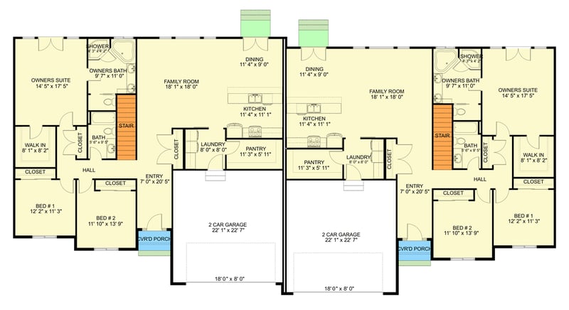 Plan 61460UT: 3-Bed Duplex House Plan with Matching 1900 Sq Ft Units - Floor Plan - Main Level - Country, Ranch, Traditional