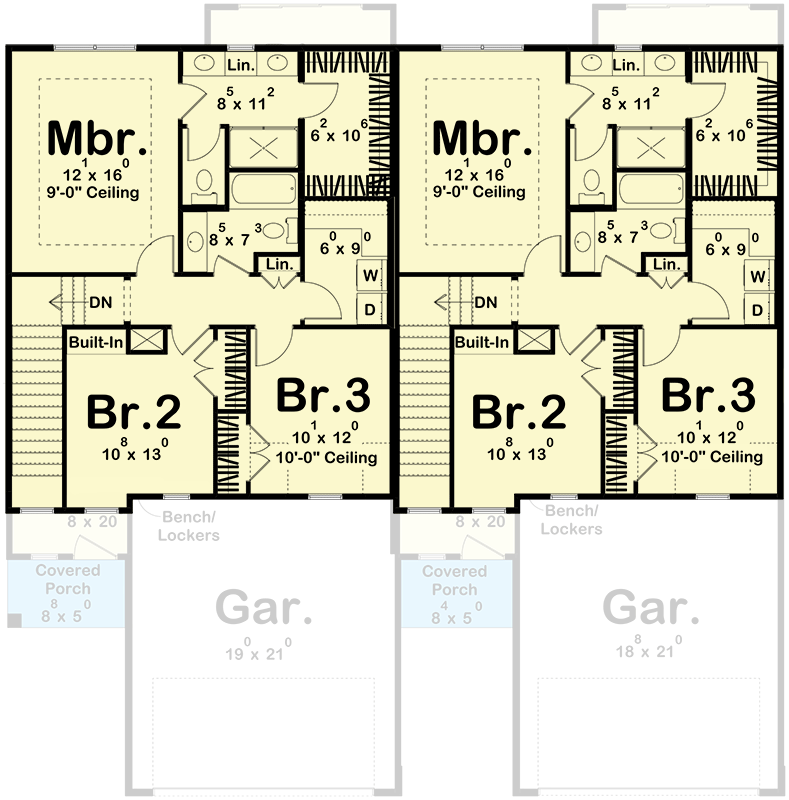 Plan 623280DJ: Modern Craftsman-Style Duplex House Plan with 3 Bed Units Under 1850 Square Feet - Floor Plan - 2nd Floor - Craftsman, New American