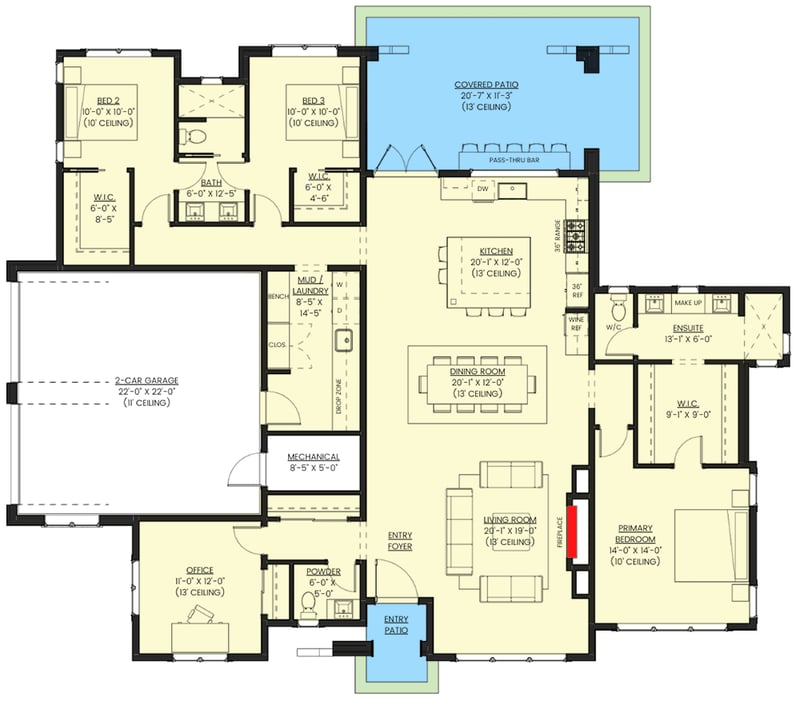 Plan 330013WLE: Transitional 3-Bed House Plan with Home Office and Pass-Thru Bar - Floor Plan - Main Level - Cottage, Country, European, Transitional