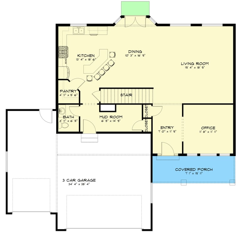 Plan 61238UT: 2641 Square Foot 2-Story House Plan with Home Office and Upstairs Laundry - Floor Plan - Main Level - Traditional