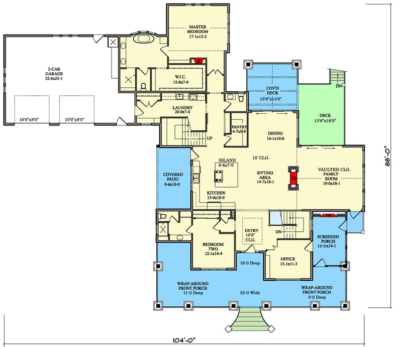 Plan 95224RW: 3700 Square Foot Mountain Farmhouse with Wraparound Porch and Lower Level Expansion - Floor Plan - Main Level - Country, Farmhouse, Mountain, Rustic