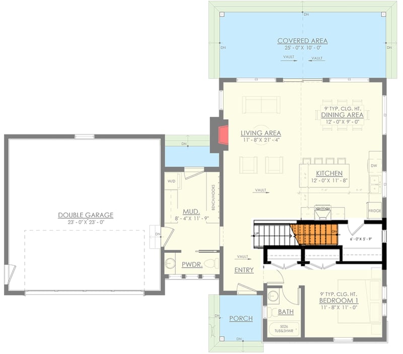 Plan 270082AF: Rustic Mountain Craftsman with Vaulted Back Porch and Two-Story Great Room - 1662 Sq Ft - Floor Plan - Basement Stairs Location - Cabin, Cottage, Craftsman, Mountain, Northwest, Rustic