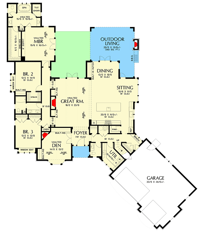 Plan 69819AM: Charming European Home Plan with Angled 3-Car Garage and Bonus Above - Floor Plan - Main Level - European, French Country, Northwest, Traditional