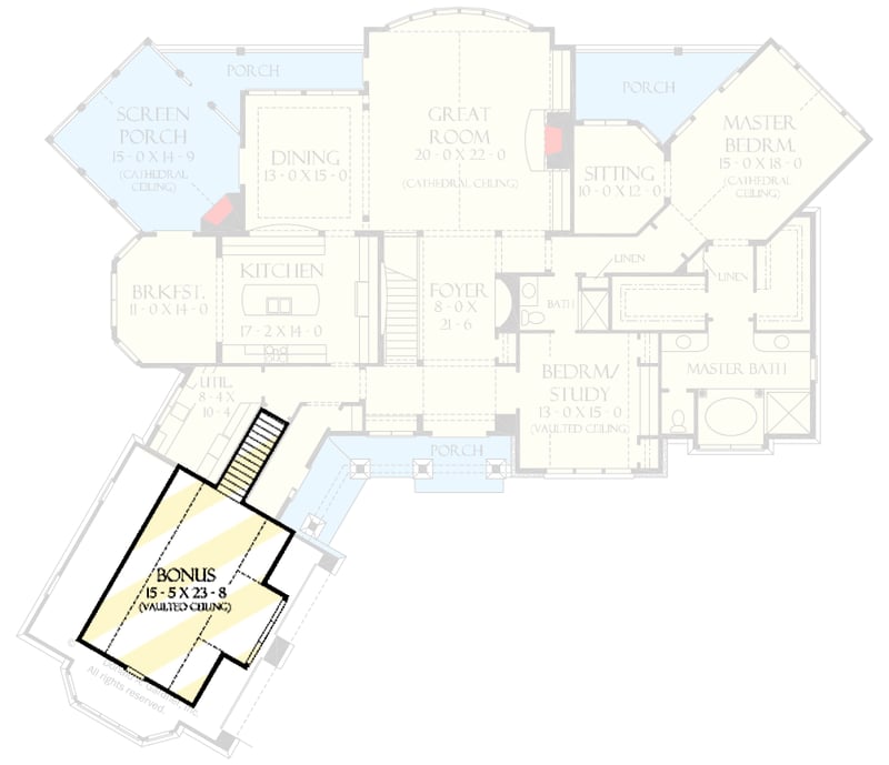 Plan 444415GDN: Super-Size Cottage Home Plan with Vaulted Ceilings and an Angled 2-Car Garage - Floor Plan - Bonus Level - Cottage, Country, Craftsman