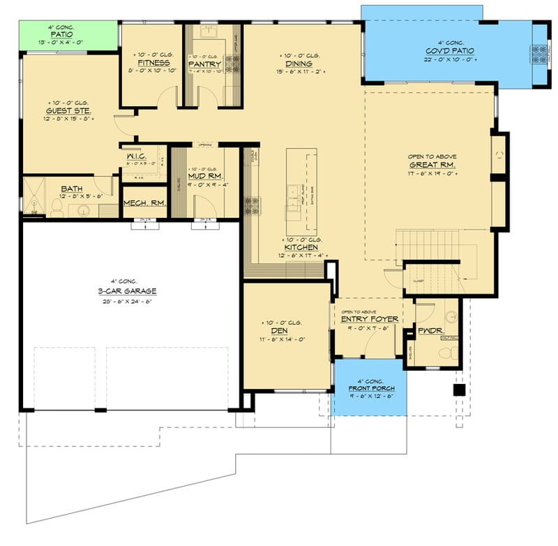 Plan 666234RAF: 5-Bed Contemporary House Plan with Two-Story Great Room and Rooftop Deck - Floor Plan - Main Level - Contemporary, Modern, Northwest