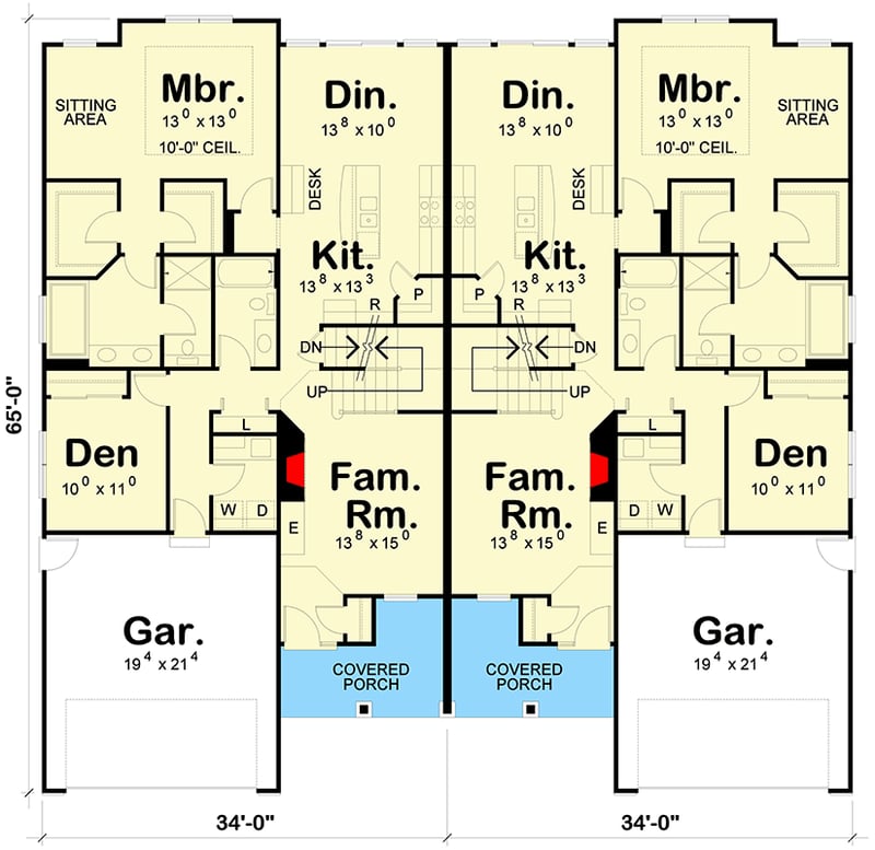 Plan 42728DB: 2-Story Duplex with Matching 2045 Square Foot Units with Flex Room - Floor Plan - Main Level - Craftsman, New American, Northwest