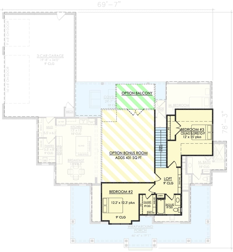 Plan 421538CHD: Modern Farmhouse Under 2600 Square Feet with Bonus Room with Balcony Expansion - Floor Plan - 2nd Floor - Country, Farmhouse, Modern Farmhouse, New American