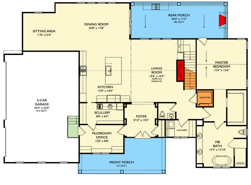 Plan 29922LDG: Modern Farmhouse with an Elevator and Upstairs Laundry Option Plus Lower Level Expansion - Floor Plan - Main Level - Country, Farmhouse, Modern Farmhouse, New American, Traditional