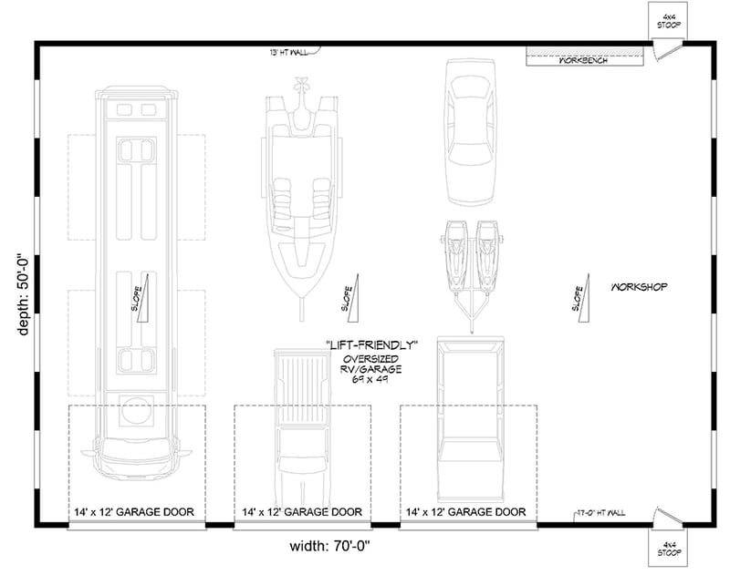 Plan 680204VR: Modern 3500 Square Foot RV Garage with 3 Bays - Floor Plan - Main Level
