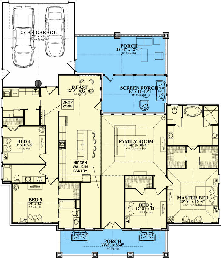 Plan 86400HH: 4 Bed Country Home Plan with 2-Car Rear-Access Garage - 2640 Sq Ft - Floor Plan - Main Level - Country, Southern, Traditional