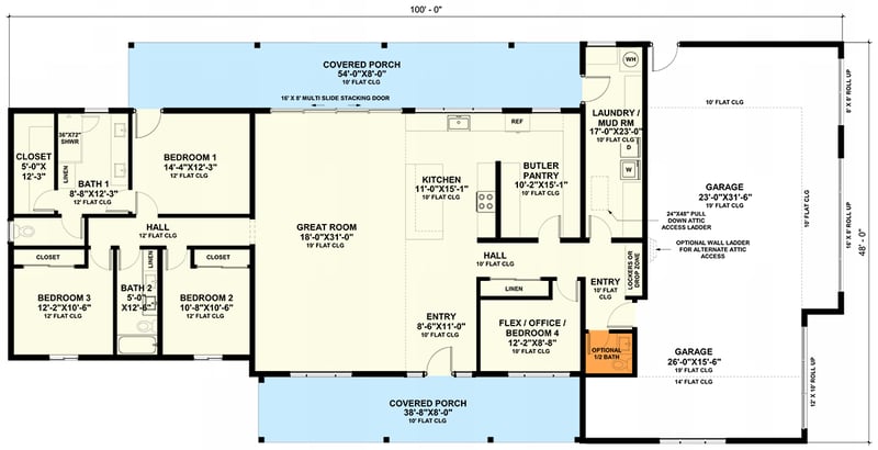 Plan 420115WNT: 2400 Sq. Ft. 4-Bedroom Modern Farmhouse Plan With 4-Car Garage - Floor Plan - Main Level - Half Bath Option - Country, Farmhouse, Modern Farmhouse, New American, Ranch, Traditional