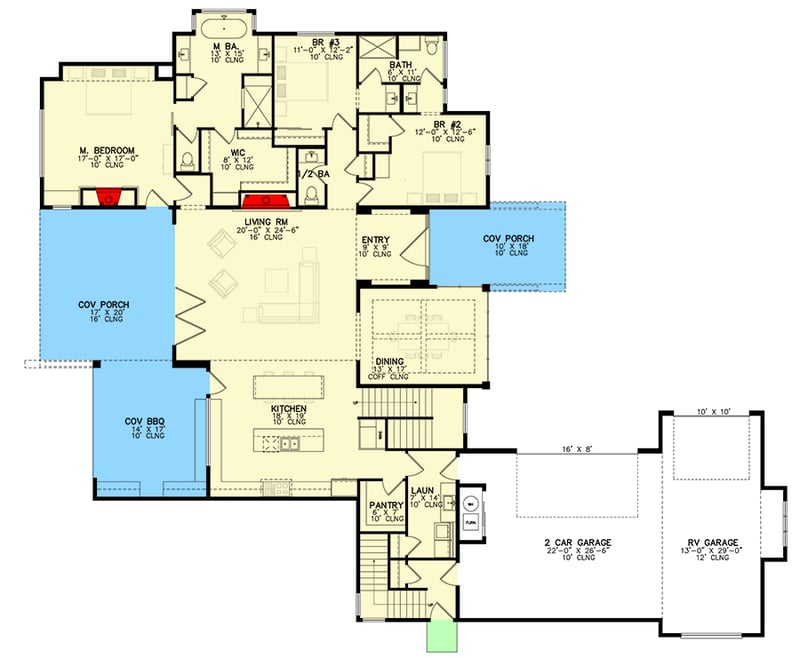 Plan 246005DLR: Contemporary House Plan with Separate Upstairs Unit and an RV Bay - 3785 Sq Ft - Floor Plan - Main Level - Contemporary, Mid Century Modern, Modern