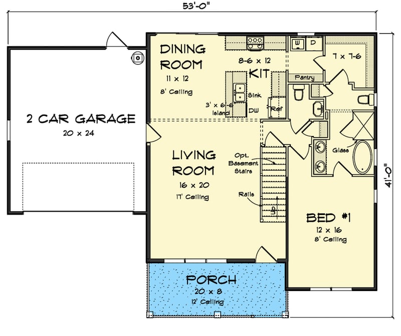 Plan 52331WM: 4-Bed Farmhouse Cottage House Plan With Attached Garage - Floor Plan - Main Level - Cottage, Country, Farmhouse, Modern Farmhouse, New American, Traditional