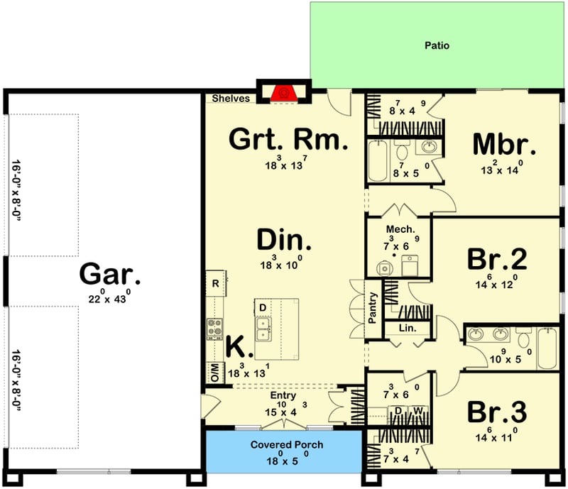 Plan 623292DJ: One-Story Mid-Century Modern Ranch House Plan With 3 Bedrooms - Floor Plan - Main Level - Contemporary, Mid Century Modern, Modern, Northwest, Ranch
