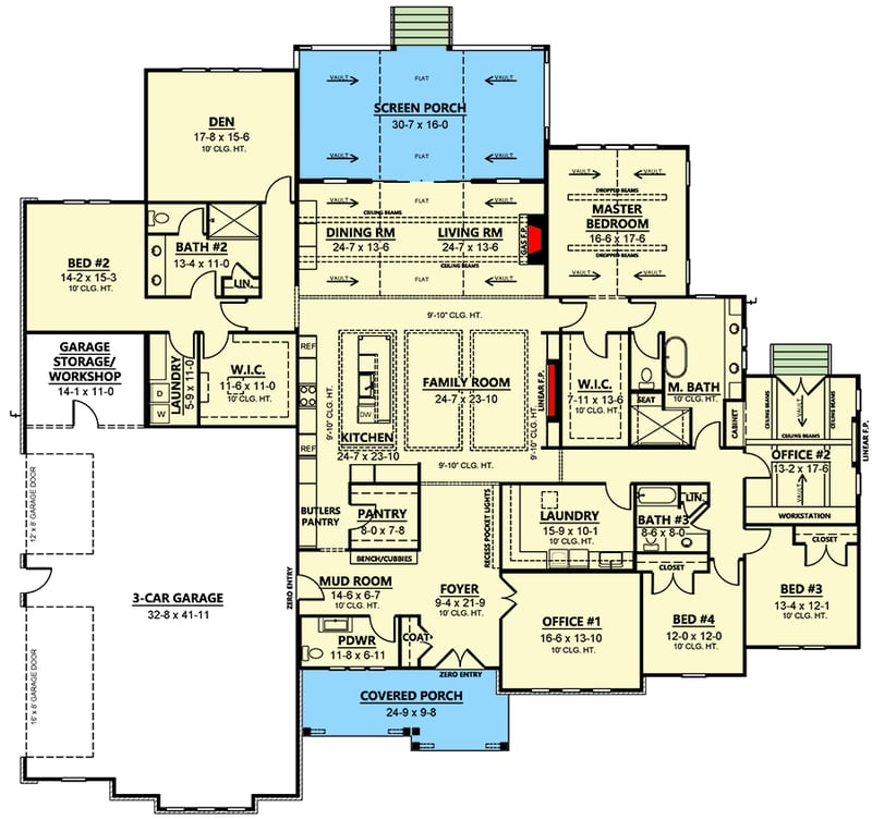 Plan 260027RVC: New American House Plan Over 4500 Square Feet with Two Offices and Two Laundry Rooms - Floor Plan - Main Level - Country, Craftsman, Farmhouse, Modern Farmhouse, New American