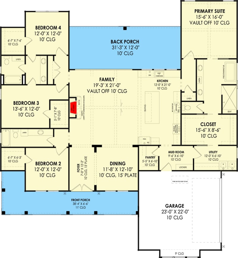 Plan 818083JSS: 2700 Square Foot Modern Farmhouse Plan with 4 Bedrooms - Floor Plan - Main Level - Country, Farmhouse, Modern Farmhouse, New American