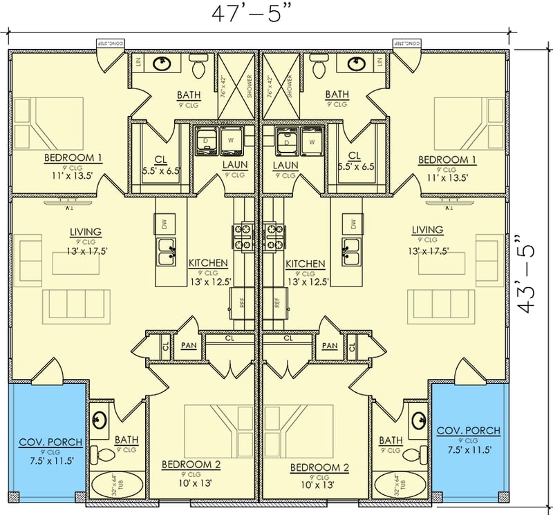 Plan 421540CHD: Duplex House Plan with 2-Bedroom Units Under 1000 Square Feet - Floor Plan - Main Level - Hill Country, Traditional