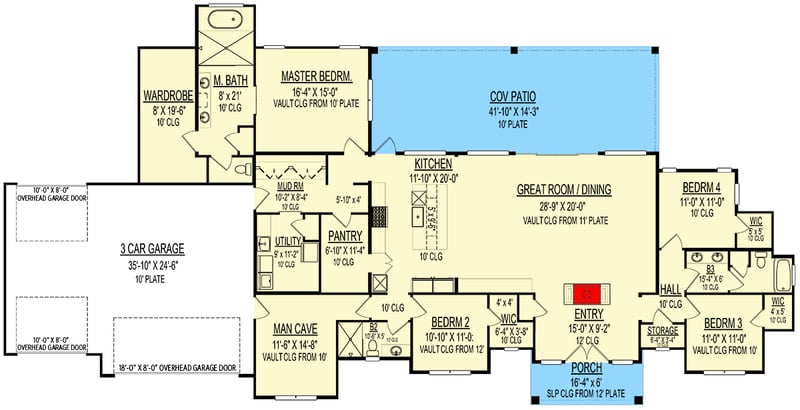 Plan 264012KMD: 3000 Square Foot Modern Farmhouse with 4 Beds and a Man Cave - Floor Plan - Main Level - Contemporary, Country, Modern Farmhouse, New American, Ranch