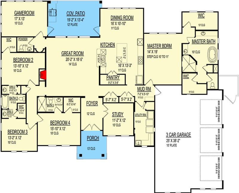 Plan 264019KMD: One-Story Transitional House Plan with 4 Beds and a Game Room - 3359 Sq Ft - Floor Plan - Main Level - European, Mediterranean, Transitional