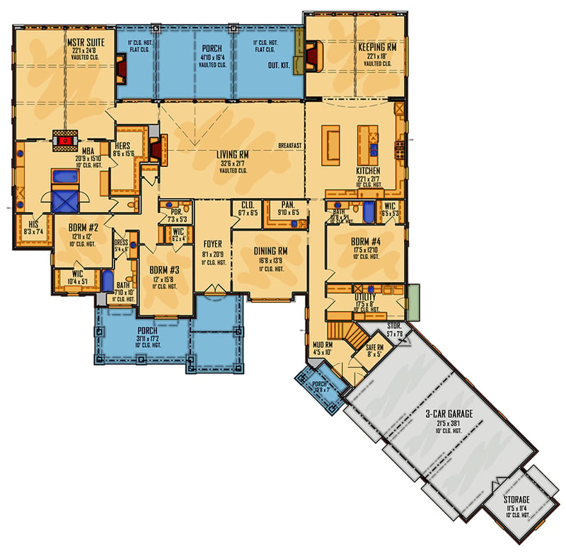 Plan 510248WDY: 4 Bed Southern Traditional House Plan with Angled Garage - 4978 Sq Ft - Floor Plan - Main Level - Acadian, Southern, Southern Traditional, Traditional