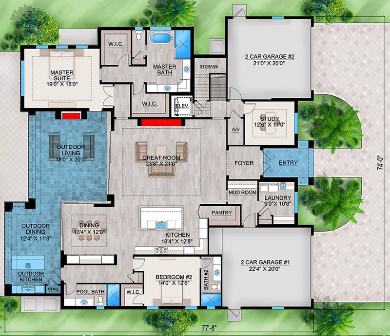 Plan 86116BW: 2-Story Coastal Contemporary House Plan with 4-Car Garage - 4868 Sq Ft - Floor Plan - Main Level - Coastal, Coastal Contemporary, Southern