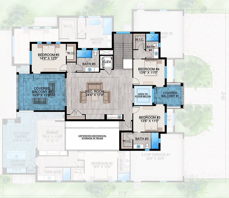 Plan 86116BW: 2-Story Coastal Contemporary House Plan with 4-Car Garage - 4868 Sq Ft - Floor Plan - 2nd Floor - Coastal, Coastal Contemporary, Southern