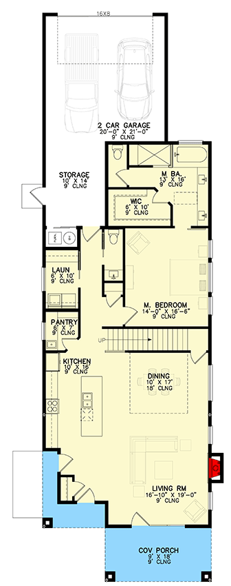 Plan 246016DLR: 2-Story Narrow Lot House Plan with Covered Decks on Both Floors - 2682 Sq Ft - Floor Plan - Main Level - Craftsman, Mountain, New American