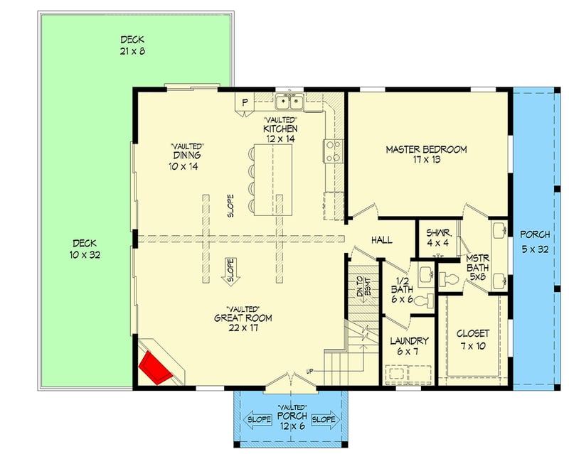 Plan 680214VR: Mountain House Plan with Large Deck and Lower Level Expansion - 1770 Sq Ft - Floor Plan - Main Level - Cottage, Country, Craftsman, Mountain, Vacation