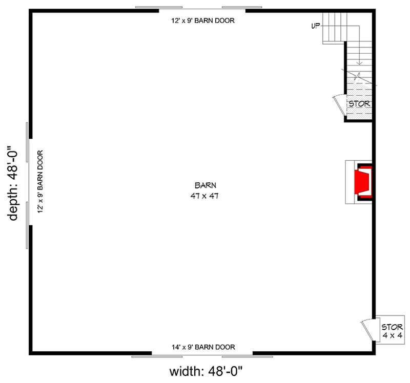 Plan 680215VR: 2304 Square Foot Barn with Loft Above - Floor Plan - Main Level - Farmhouse, Rustic, Traditional
