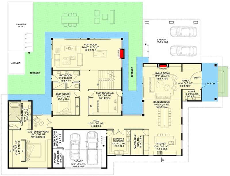 Plan 311045RMZ: Mid-Century Modern House Plan with Two-Story Play Room - 5029 Sq Ft - Floor Plan - Main Level - Mid Century Modern, Modern, New American