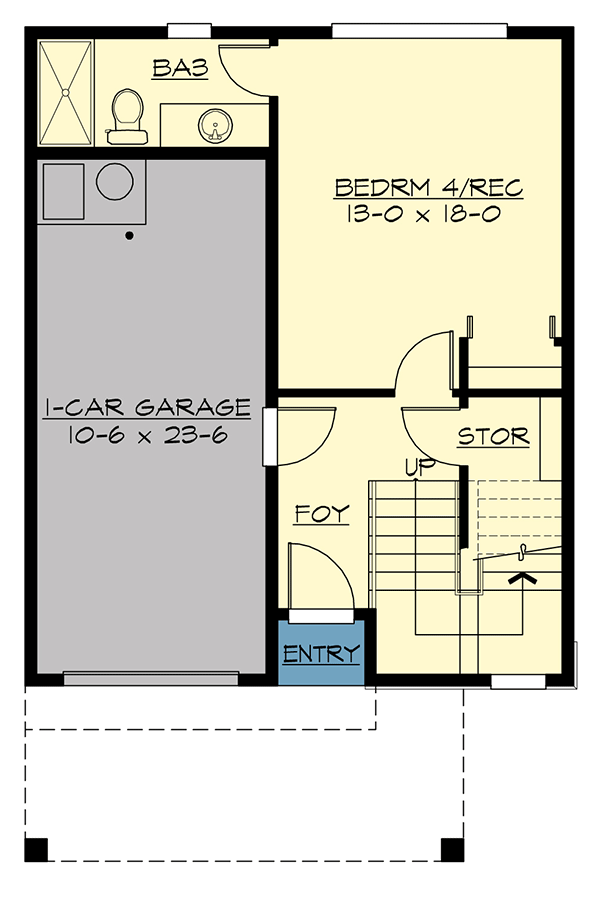 Plan 23941JD: Narrow 3-Story Townhouse Plan - 1986 Sq Ft - Architectural Designs - Floor Plan - Ground Level - Contemporary, Northwest, Prairie, Transitional