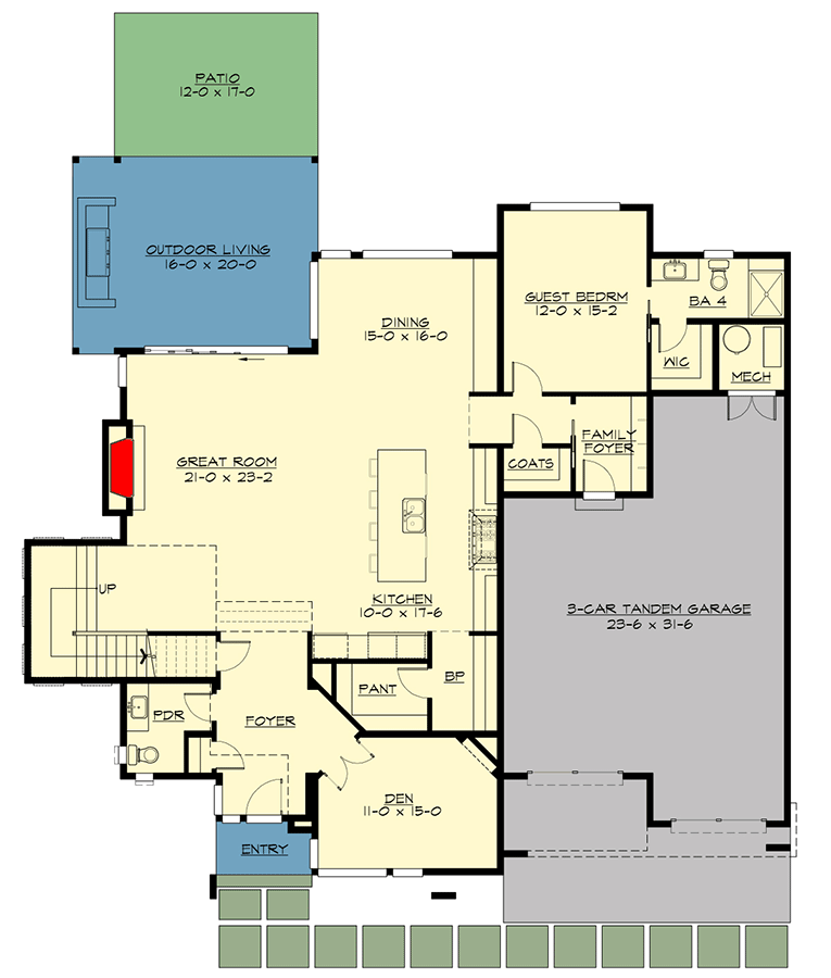 Plan 23945JD: Modern House Plan with Outdoor Living Room - Architectural Designs - 4125 Sq Ft - Floor Plan - Main Level - Mid Century Modern, Modern, Northwest, Prairie