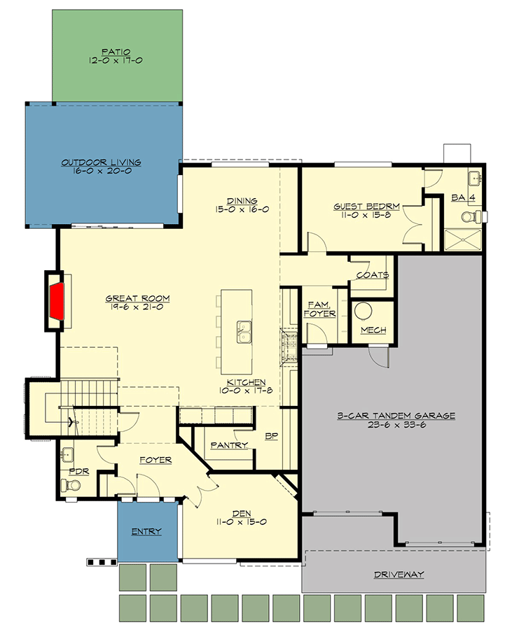 Plan 23946JD: 5-Bed Modern House Plan with Outdoor Living Room - 3995 Sq Ft - Floor Plan - Main Level - Contemporary, Modern
