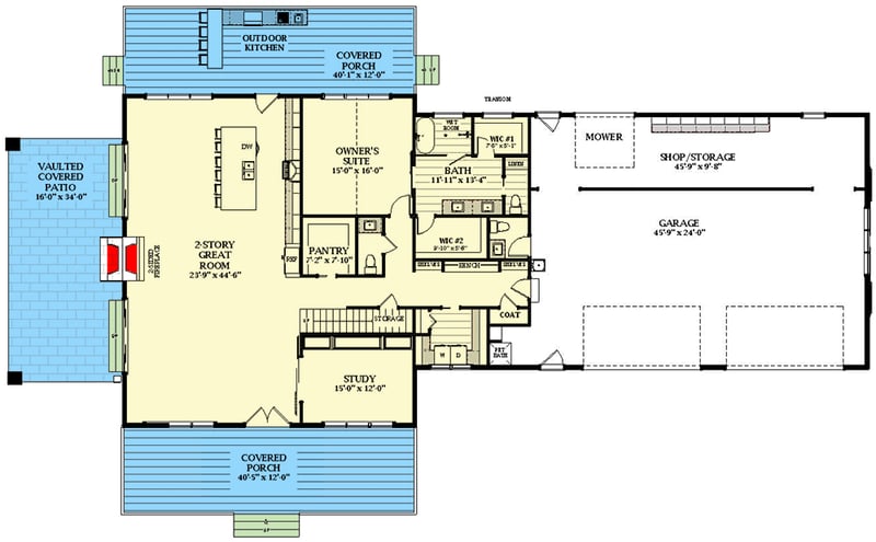 Plan 46508LA: Barndominium-Style House Plan with Outdoor Fireplace and Kitchen - 4075 Sq Ft - Floor Plan - Main Level - Barndominium, Country, Rustic, Traditional