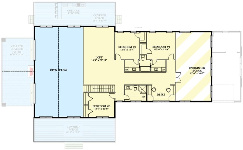 Plan 46508LA: Barndominium-Style House Plan with Outdoor Fireplace and Kitchen - 4075 Sq Ft - Floor Plan - 2nd Floor - Barndominium, Country, Rustic, Traditional