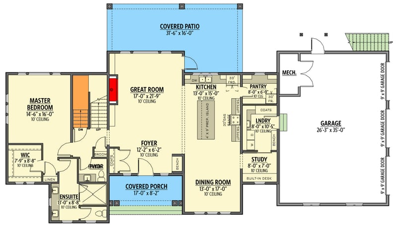 Plan 770516JME: 4 Bed New American House Plan with 3-Car Garage - 3357 Sq Ft - Floor Plan - Main Level - Craftsman, New American, Northwest, Shingle, Traditional, Transitional