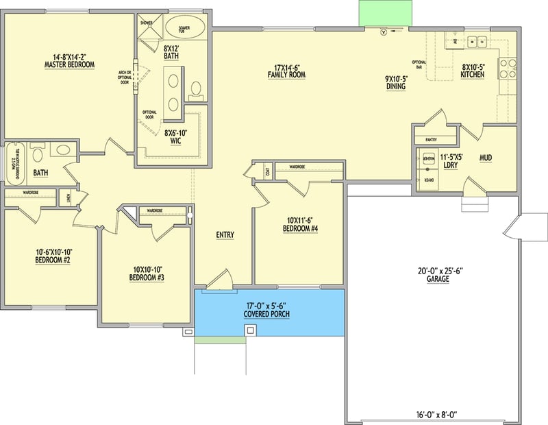 Plan 849021PGE: 4 Bed Ranch House Plan with 2-Car Garage - 505 Sq Ft - Floor Plan - Main Level - Ranch, Traditional