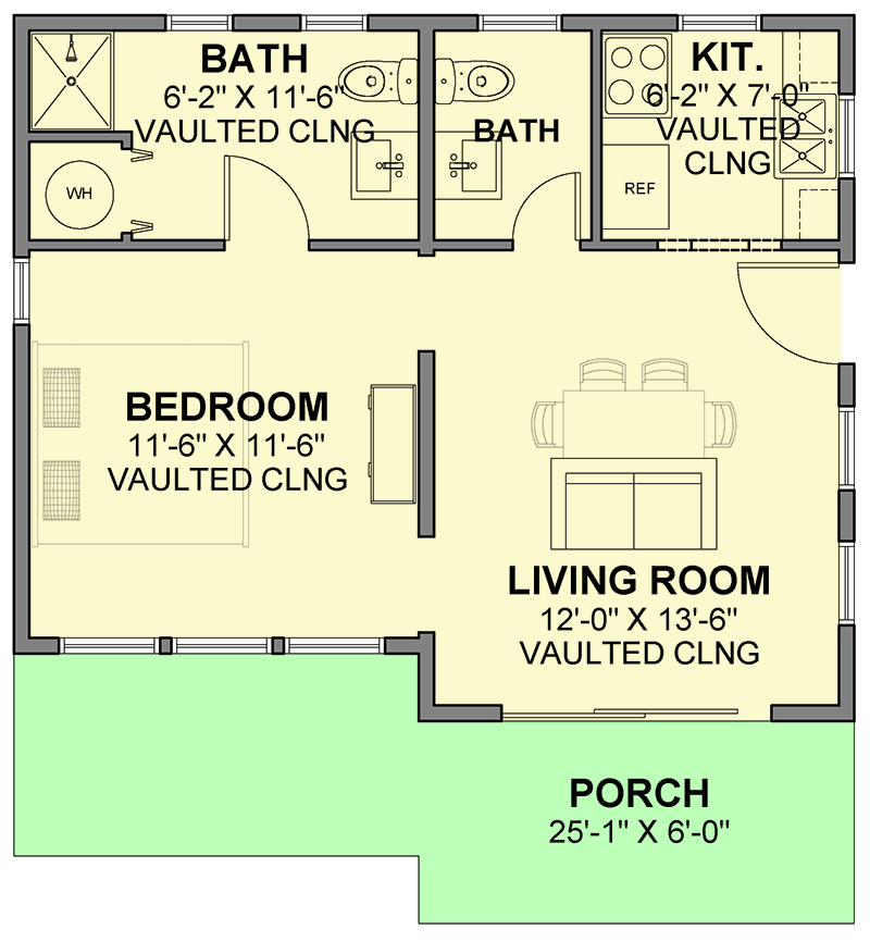 Plan 246025DLR: Contemporary ADU with 1 Bedroom - 479 Sq Ft - Floor Plan - Main Level - Contemporary, Cottage, Vacation