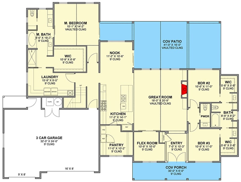 Plan 246026DLR: Modern Farmhouse with 3 Main Floor Bedrooms and 1 Upstairs - 2711 Sq Ft - Floor Plan - Main Level - Country, Farmhouse, Modern Farmhouse, New American