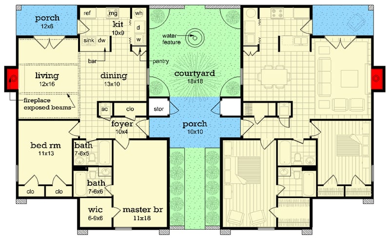 Plan 55232BR: Southern Traditional Duplex House Plan - 1083 Sq Ft Units - Floor Plan - Main Level - Southern, Southern Traditional