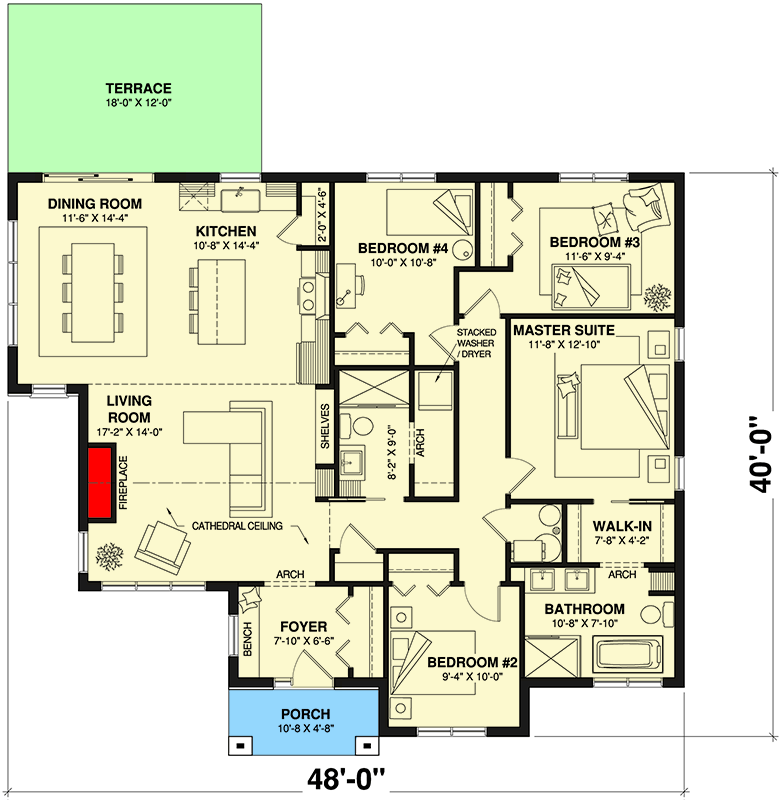 Plan 22679DR: Transitional House Plan with Cathedral Ceiling Living Room - 1612 Sq Ft - Floor Plan - Main Level - Cottage, New American, Ranch, Transitional