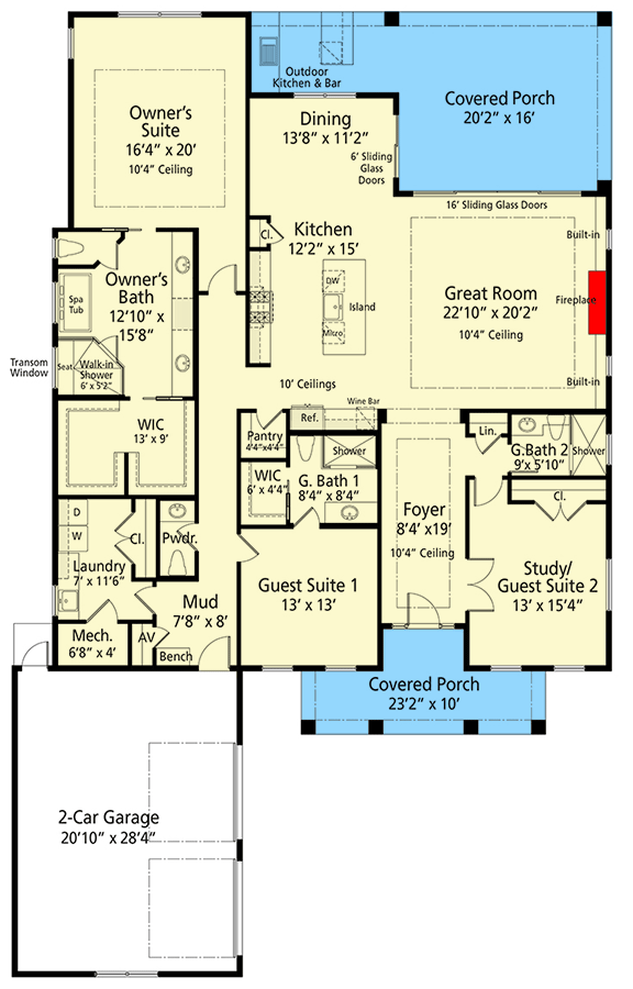 Plan 33262ZR: New American House Plan with Flex Room and Large Rear Porch - 2844 Sq Ft - Floor Plan - Main Level - Contemporary, Craftsman, New American, Transitional