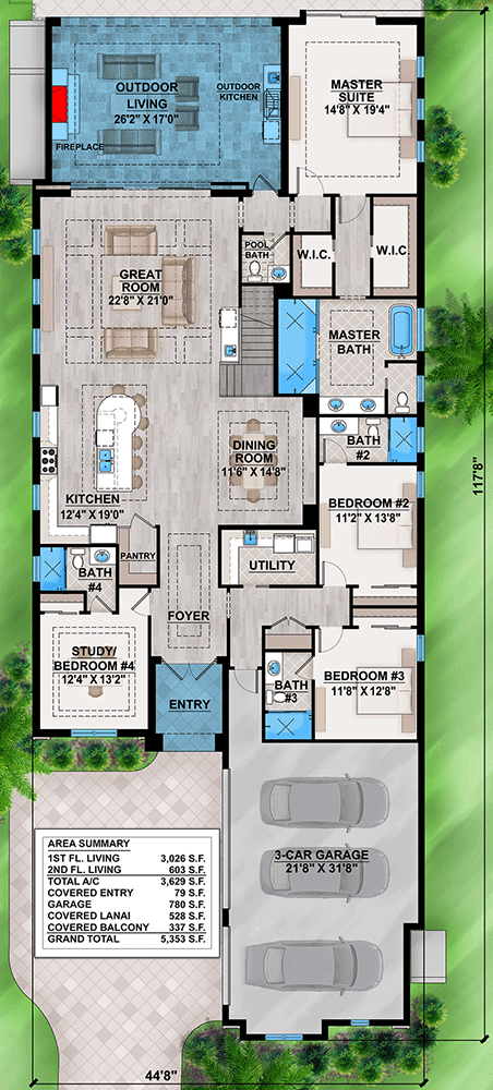 Plan 86119BW: Coastal Contemporary House Plan with Upstairs Lounge - 3629 Sq Ft - Floor Plan - Main Level - Coastal Contemporary, European, Florida-Style, Mediterranean, Transitional
