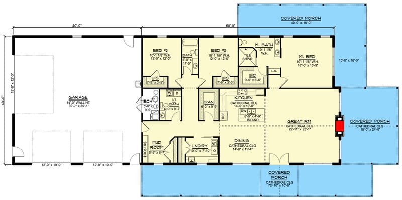 Plan 135246GRA: 3 Bed Barndominium-Style House Plan with 1600 Sq Ft Garage - 2456 Sq Ft - Floor Plan - Main Level - Barndominium, Country, Modern Farmhouse, Ranch