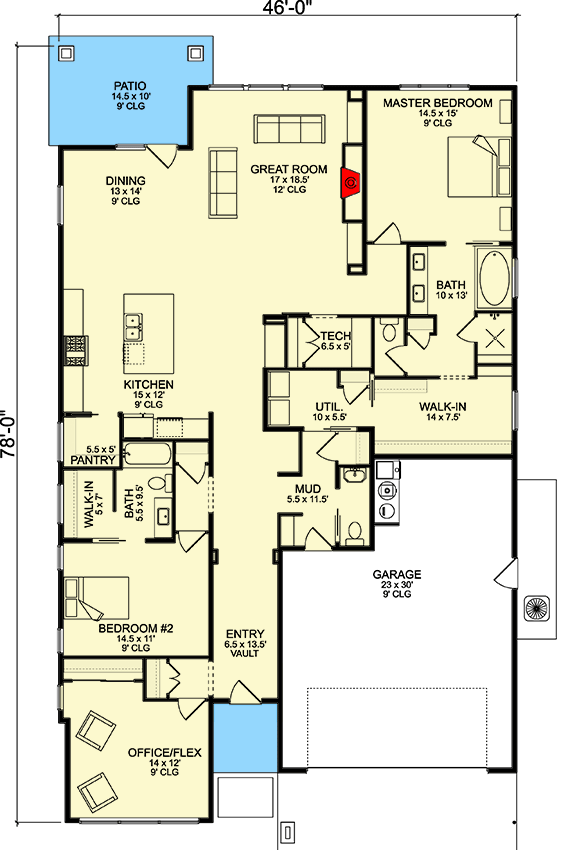 Plan 580062DFT: 2-Bed Modern Home Plan with Flex Room - 2440 Sq Ft - Floor Plan - Main Level - Contemporary, Modern, New American