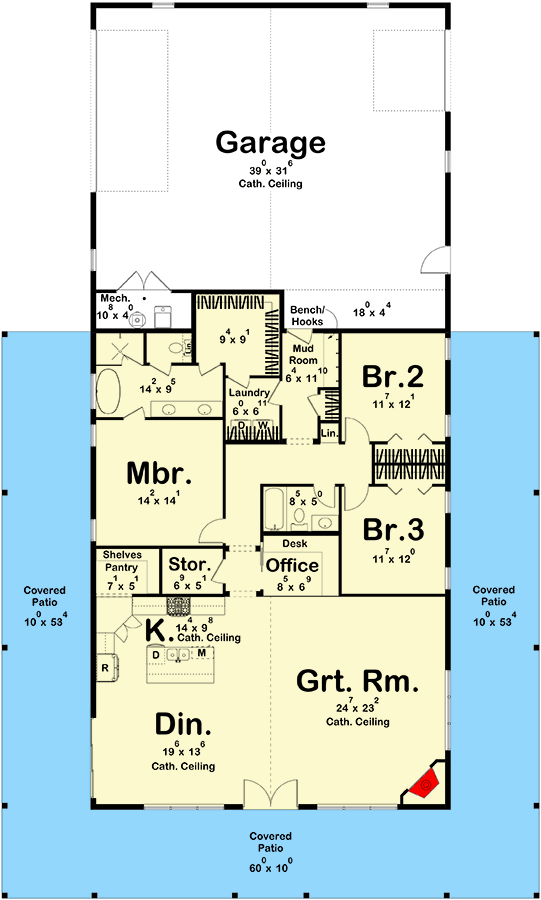 Plan 623308DJ: Barndominium-Style House Plan with Cathedral Ceiling Garage - 2191 Sq Ft - Floor Plan - Main Level - Barndominium, Country, Traditional