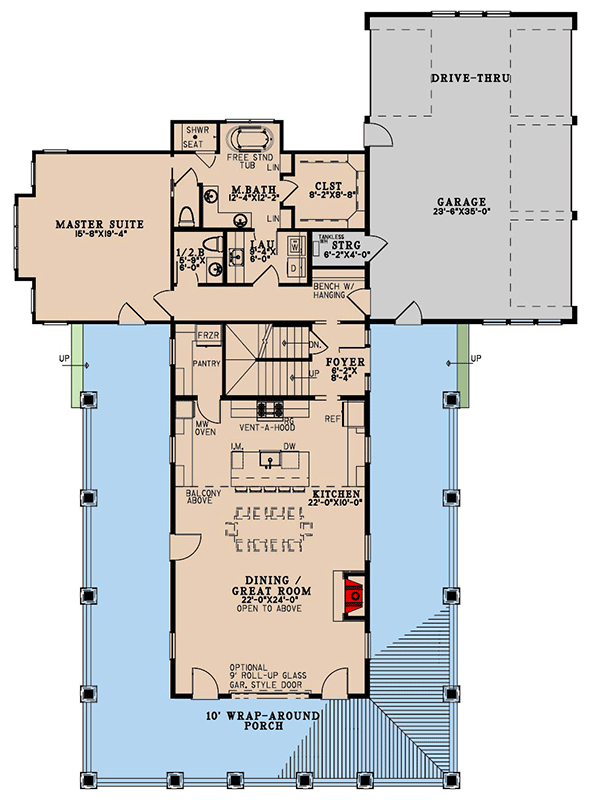 Plan 70867MK: Country House Plan with Wrap Around Porch and Bonus Expansion - 2993 Sq Ft - Floor Plan - Main Level - Barndominium, Country, Mountain, Rustic