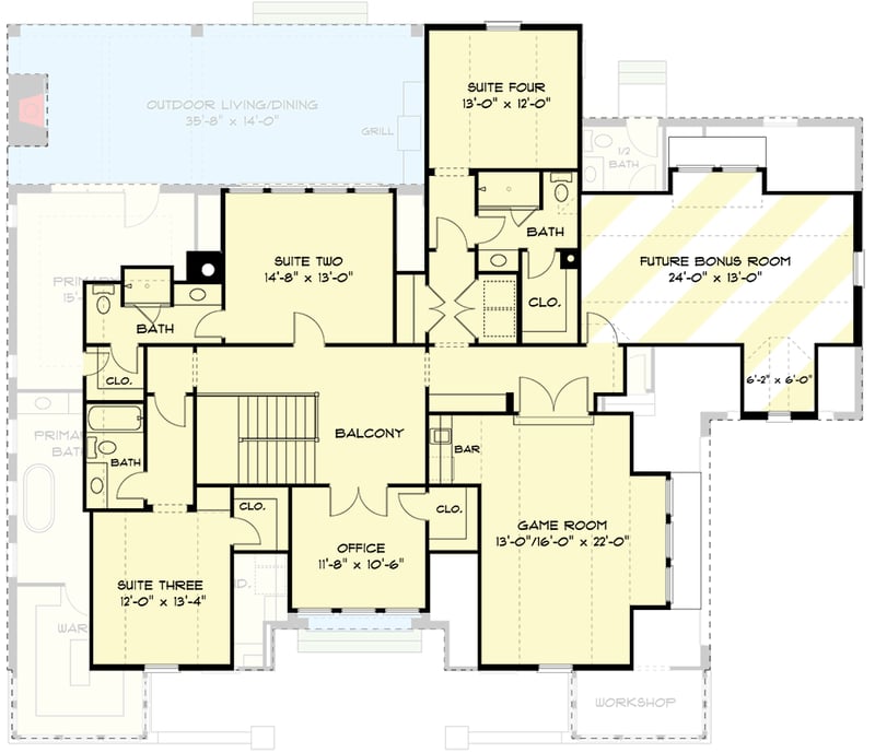 Plan 93203EL: Transitional House Plan with Upstairs Home Office and Game Room - 3976 Sq Ft - Floor Plan - 2nd Floor - European, New American, Transitional, Tudor
